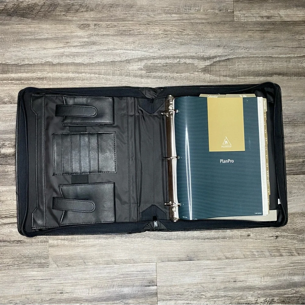 Vintage Plan Pro 2001 Black Leather Briefcase Hand Bag Zip-Up - Schedule, Notes